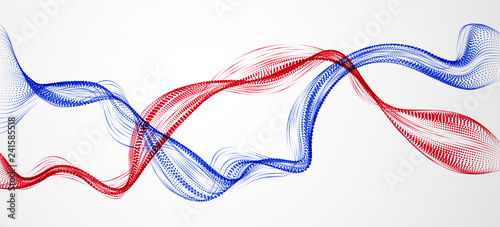 Mutual array of particles flowing, double dynamic sound wave. 3d vector illustration. Mesh round dots, beautiful relaxing wallpaper illustration.