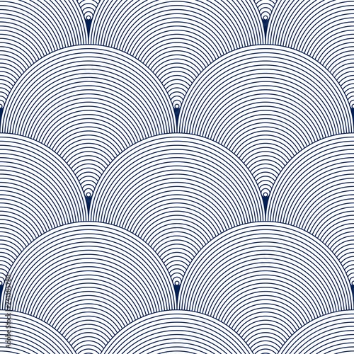 Geometric seamless pattern, abstract tiling background, vector repeat endless wallpaper illustration. Roof tiling or fish squama shapes motif. Single color, black and white.