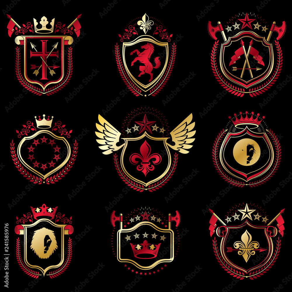 Set of vector vintage emblems created with decorative elements like crowns, stars, bird wings, armory and animals.  Collection of heraldic coat of arms.