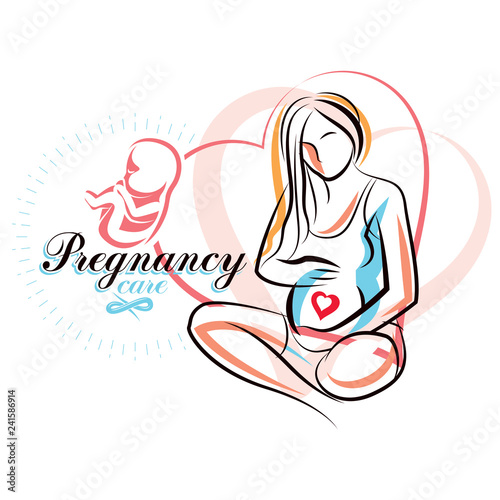 Pregnant female beautiful body outline, mother-to-be drawn vector illustration. Pregnancy assistance center promotion mock up