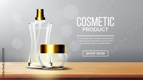 Cosmetic Glass Banner Vector. Bottle. Jar. Healthy Product For Women s Cosmetics Branding Desig. 3D Isolated Transparent Realistic Mockup Template Illustration