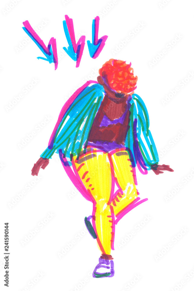 Brightly dressed dancer in motion. Illustration sketch painted in highlighter felt tip pen on clean white background