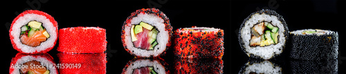 sushi roll with caviar on a dark background close-up