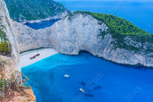 Greece, Zakynthos, Magic navagio beach or shipwreck beach bay in blue hour mood