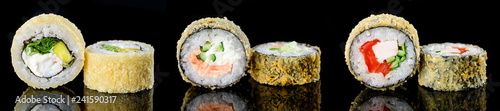 baked hot sushi rolls on a dark background. Hot fried Sushi Roll Sushi menu