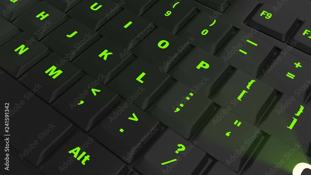 pointing the camera on green glowing Go key on black computer keyboard pointing the camera on green glowing Go key on black computer keyboard