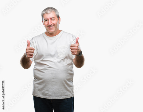 Handsome senior man over isolated background success sign doing positive gesture with hand, thumbs up smiling and happy. Looking at the camera with cheerful expression, winner gesture.