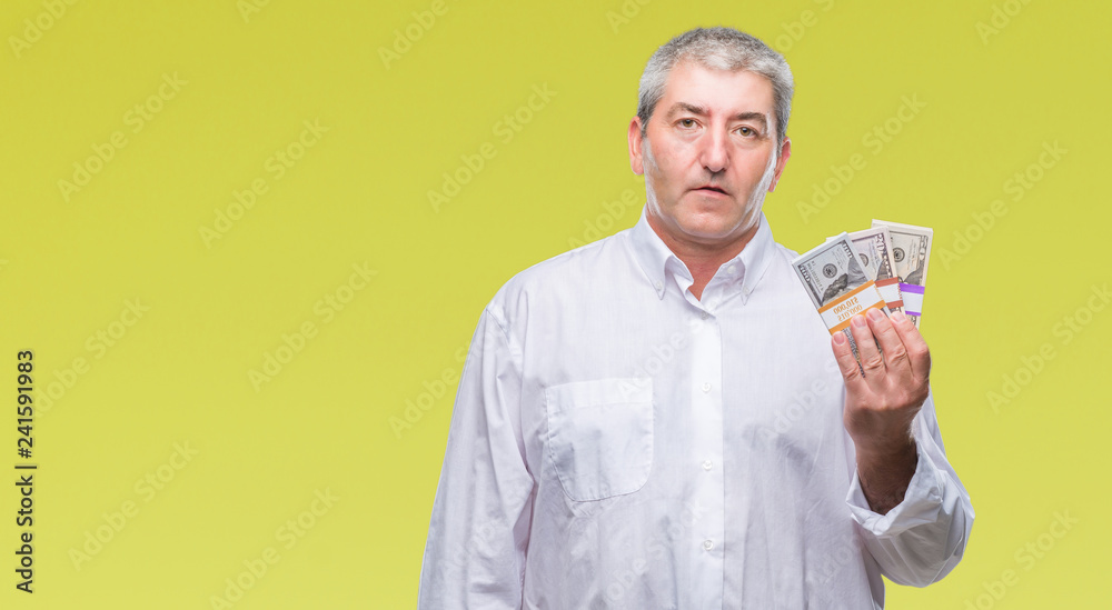 Handsome senior man holding bunch of money over isolated background with a confident expression on smart face thinking serious Handsome senior man holding bunch of money over isolated background with a confident expression on smart face thinking serious