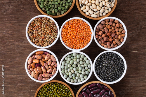 Various assortment of indian legumes - beans, chickpeas, lentils, dal top view.
