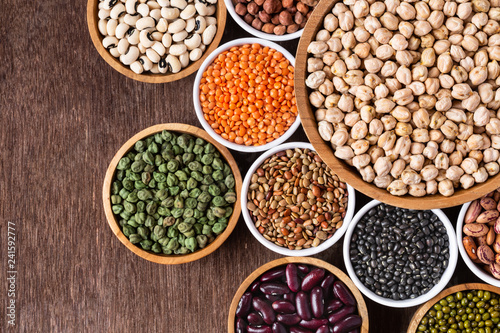 Various assortment of indian legumes - beans, chickpeas, lentils, dal top view. photo