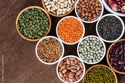 Various assortment of indian legumes - beans  chickpeas  lentils  dal top view.