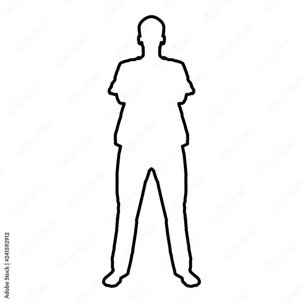 Man standing with hands crossed Dentist surgeon in medical clothes with folded hands on his chest Concept of the end of surgery operation Front view icon black color vector illustration