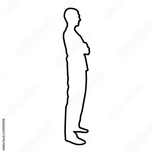 Man standing with hands crossed Dentist surgeon in medical clothes with folded hands on his chest Concept of the end of surgery operation Side view icon black color vector illustration 