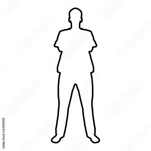 Man standing with hands crossed Dentist surgeon in medical clothes with folded hands on his chest Concept of the end of surgery operation Front view icon black color vector illustration