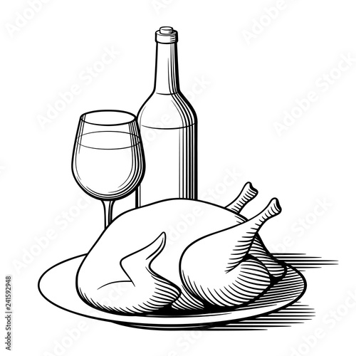 Bottle of wine, wineglass and roast chicken in a dish. Delicious holiday dinner. Stylized black and white vector illustration