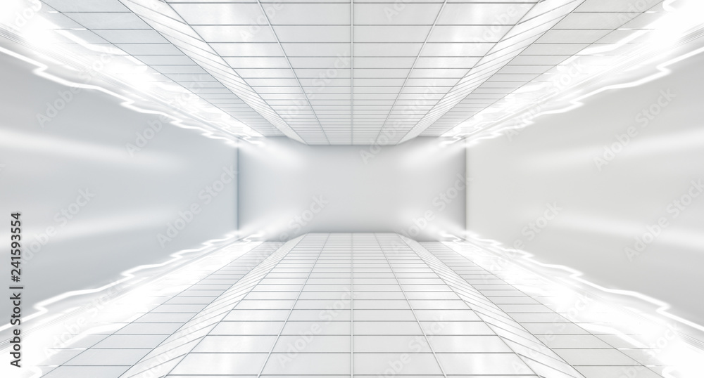 Modern Hi-Tech Empty Space Dark Room With White Color Neon Glowing Light Tubes. Abstract Futuristic concept background. 3D Rendering Illustration Modern Hi-Tech Empty Space Dark Room With White Color Neon Glowing Light Tubes. Abstract Futuristic concept background. 3D Rendering Illustration