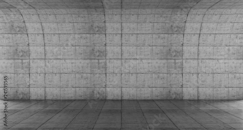 Empty concrete space with curve wall. Abstract Modern blank showroom with floor. Future concept background. 3d rendering.