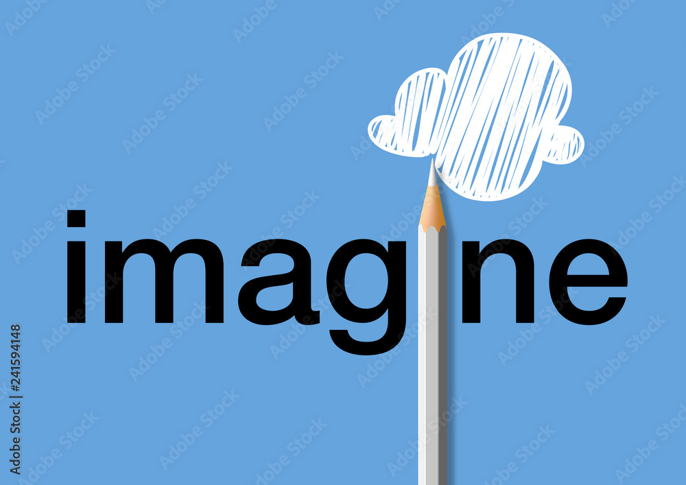 Concept de l’imagination, avec le mot imagine écrit en noir sur un fond bleu et un crayon blanc qui remplace le i et dessine un nuage