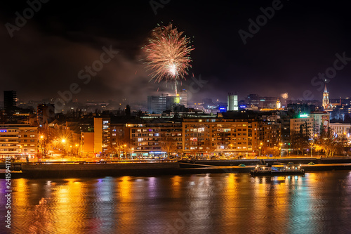 Novi Sad, Serbia - January 01, 2019: Fireworks in Novi Sad, Serbia. New Year`s fireworks.