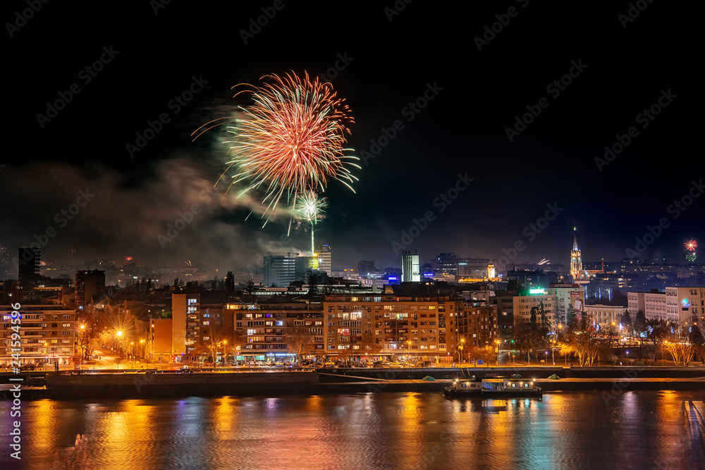 Novi Sad, Serbia - January 01, 2019: Fireworks in Novi Sad, Serbia. New Year`s fireworks.