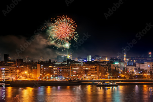 Novi Sad, Serbia - January 01, 2019: Fireworks in Novi Sad, Serbia. New Year`s fireworks.