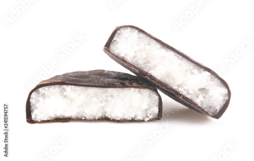 Photography Coconut Patty Covered in Chocolate on a White Background