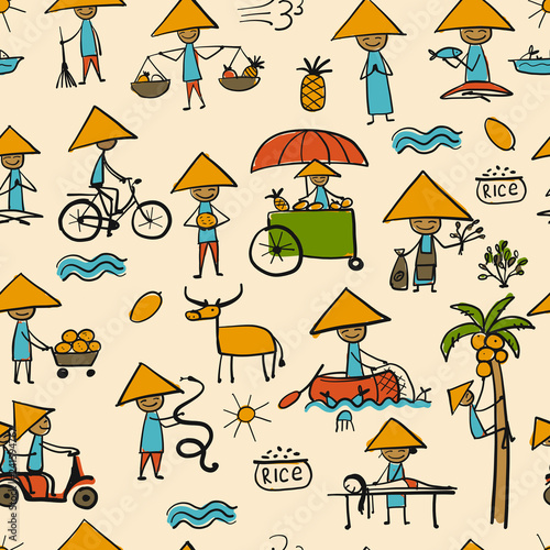 Asian lifestyle people, seamless pattern for your design