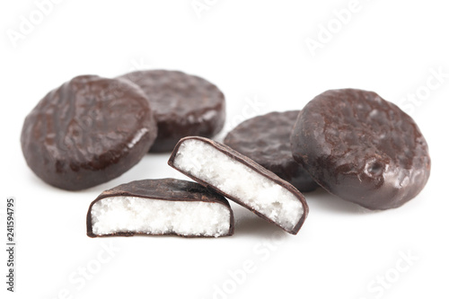 Coconut Patty Covered in Chocolate on a White Background