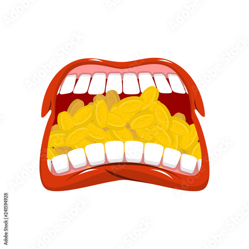 Leprechaun mouth full of gold coins. Holiday of Ireland. St.Patrick 's Day. Traditional Irish holiday.