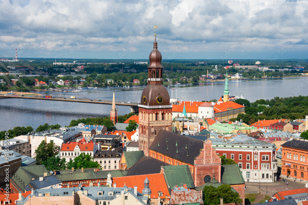 Aerial view of Old Town, Daugava River and Riga Dome Cathedral from Saint Peter's Church. Riga, Latvia