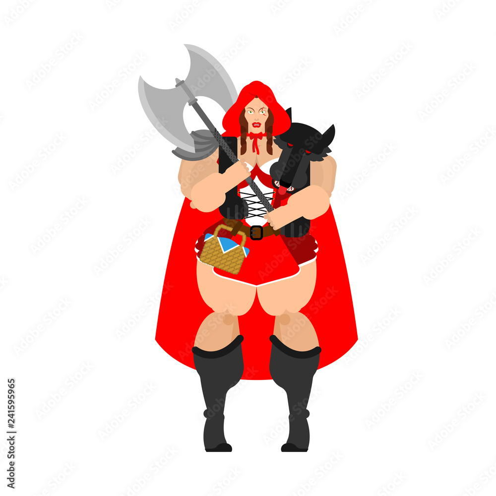 Strong Adult Red Riding and wolf skin trophy hunting. Strong female warrior in cloak. Powerful protector. Beautiful lady Stock | Adobe Stock