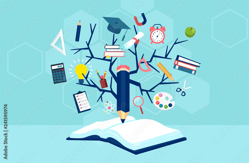 Tree of knowledge and open book, modern education template design.