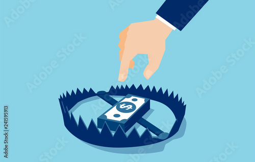 Vector of a businessman trying to reach money trap with dollar banknotes