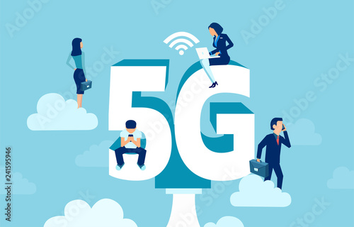 Vector of business people with gadgets sitting on the big 5G symbol networking photo