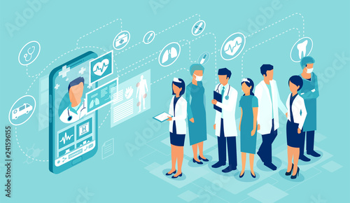 Vector of professional medical team connected online to a patient giving a medical consultation
