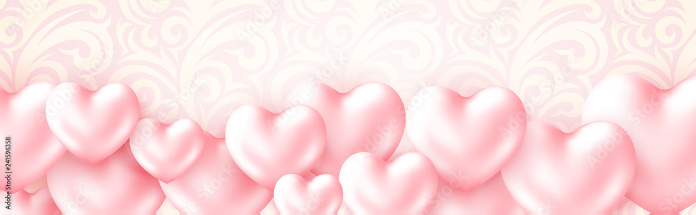 Happy Valentines Day holidays poster with 3d metall shiny Heart Pastel colored. Greeting text on soft pink background.