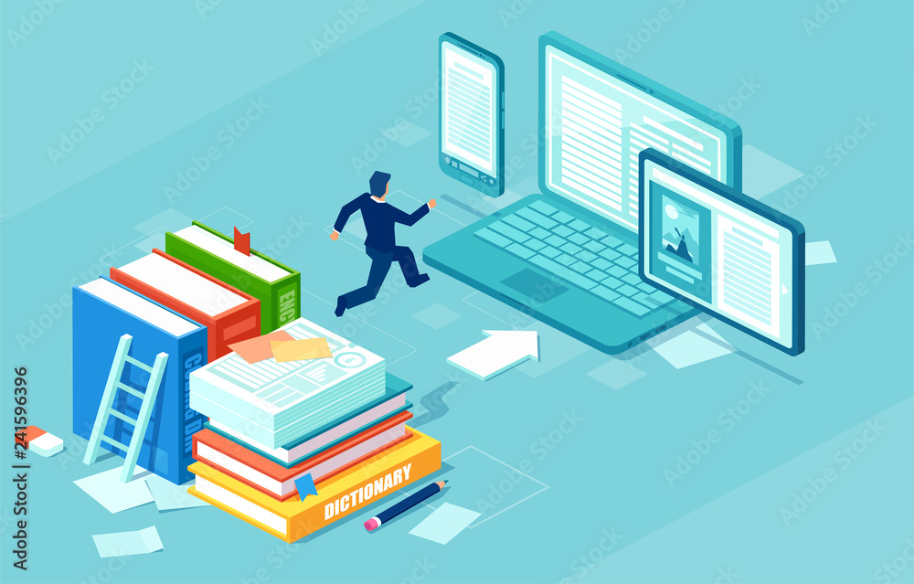 Isometric vector of a businessman switching to digital technology from paper.