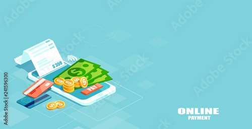 Vector of electronic bill, sms notification, pay history, finance data protection, smartphone with credit card.