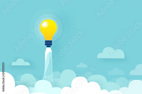 Vector of light bulb rocket flying up over clouds