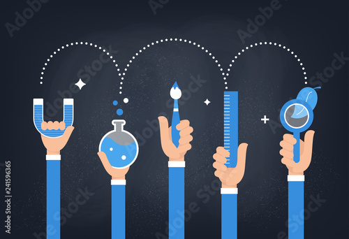 Steam Education Approach. Arts and Science. Students Holding Tools in Hands against Chalkboard Background. Vector Design
