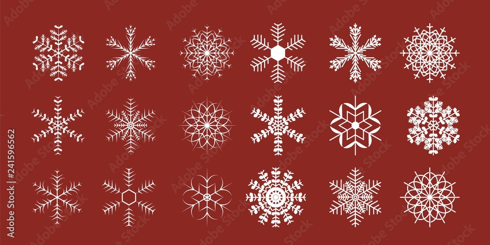 Set of different shining snowflakes icon on a red background. Vector illustration. Eps 10. Set of different shining snowflakes icon on a red background. Vector illustration. Eps 10.
