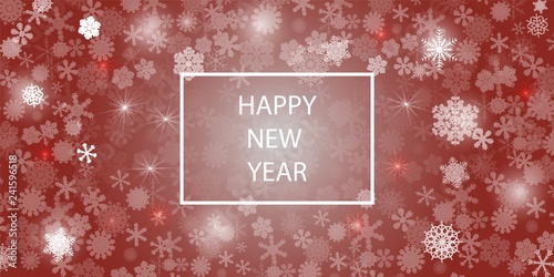 Abstract red background. A lot of different shining snowflakes. Greeting card Happy New Year. Vector illustration. Eps 10.