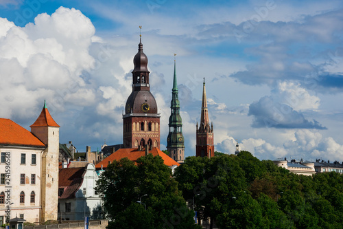 Three towers. Riga Dome Cathedral (Rigas Doms), St. Peter's Church (Sveta Petera Evangeliski luteriska baznica) and St. Saviour's Church (Anglikanu Sv. Pestitaja baznica). Riga, Latvia. photo