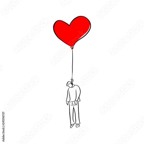 man hanged on red heart shape balloon vector illustration sketch doodle hand drawn with black lines isolated on white background. Broken heart man.