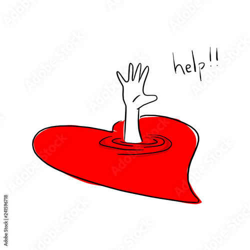 drowning victim in red heart vector illustration sketch doodle hand drawn with black lines isolated on white background.