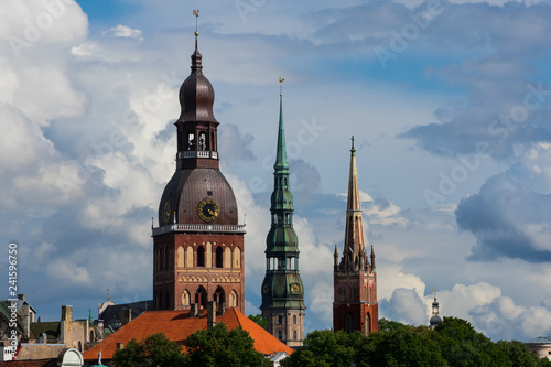 Three towers. Riga Dome Cathedral (Rigas Doms), St. Peter's Church (Sveta Petera Evangeliski luteriska baznica) and St. Saviour's Church (Anglikanu Sv. Pestitaja baznica). Riga, Latvia. photo