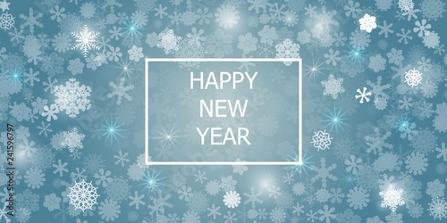 Abstract blue background. A lot of different shining snowflakes. Greeting card Happy New Year. Vector illustration. Eps 10.