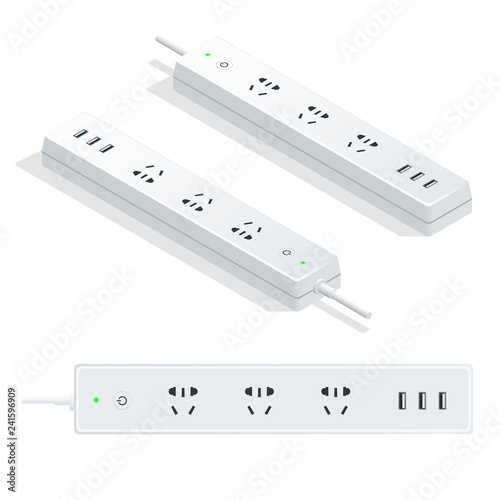 Isometric electric extension cord isolated on white background. Power strip with electrical sockets universal standard and USB charging hub ports.