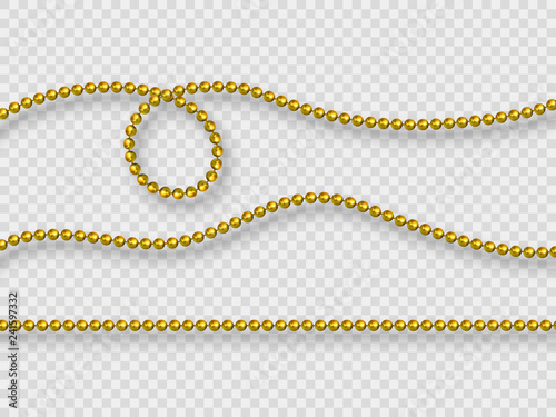 Realistic golden beads isolated on transparent background. Decorative elements for holiday design, Mardi Gras carnival. Vector illustration.