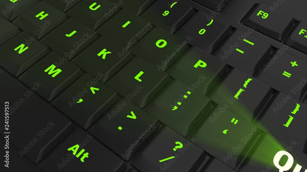 pointing the camera on green glowing Quote key on black computer keyboard pointing the camera on green glowing Quote key on black computer keyboard